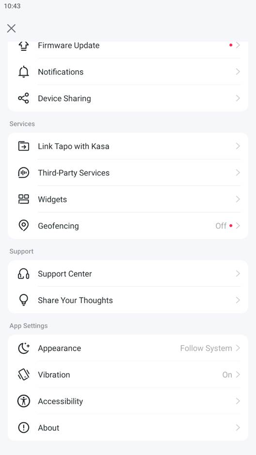 Navigation zum Abschnitt Über in den Einstellungen der Ich-Seite der Tapo-App.