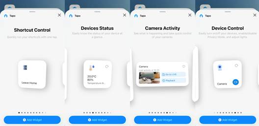 4 Screenshots mit den 4 Widget-Typen Kurzbefehl-Steuerung, Gerätestatus, Kameraaktivität und Gerätesteuerung.