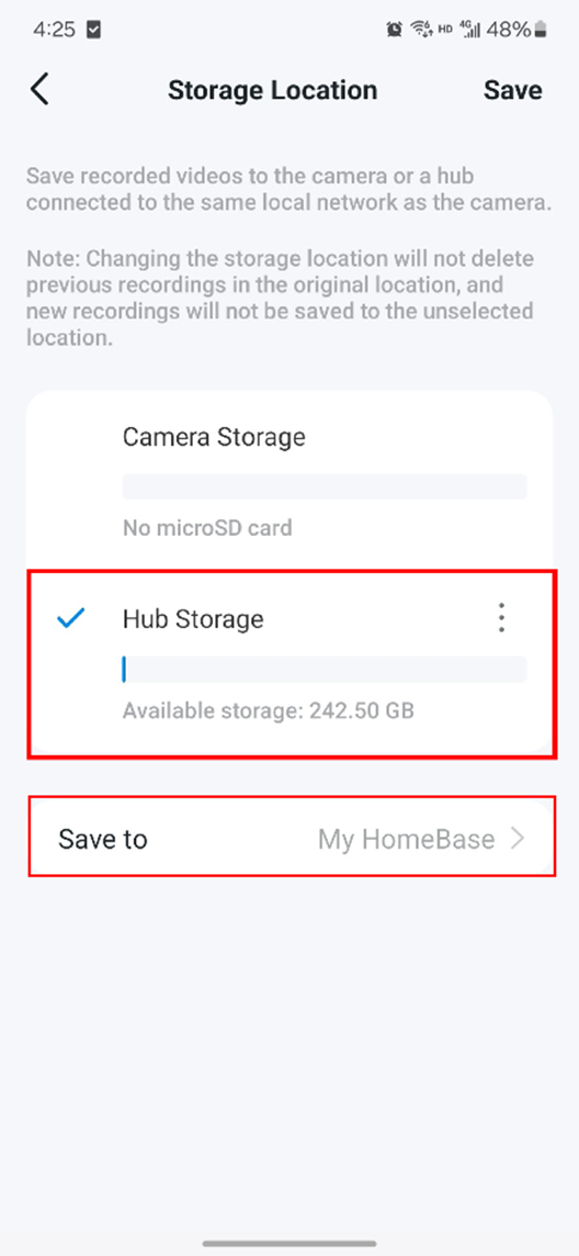 Hub-Speicher anzeigen und Hub in der App auswählen.