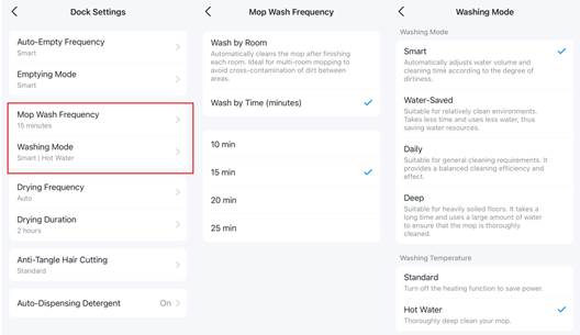 Die Dock-Einstellungen umfassen die Häufigkeit der Moppwäsche (Nach Raum oder Nach Zeit), den Waschmodus (Smart, Wassersparend, Täglich oder Intensiv) und die Waschtemperatur (Standard oder Heißwasser).