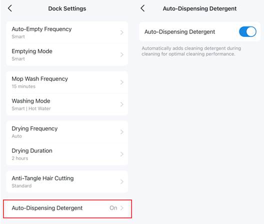 In den Dock-Einstellungen ist links die Option Automatische Reinigungsmitteldosierung hervorgehoben; rechts wird die aktivierte Detailseite dieser Funktion angezeigt.