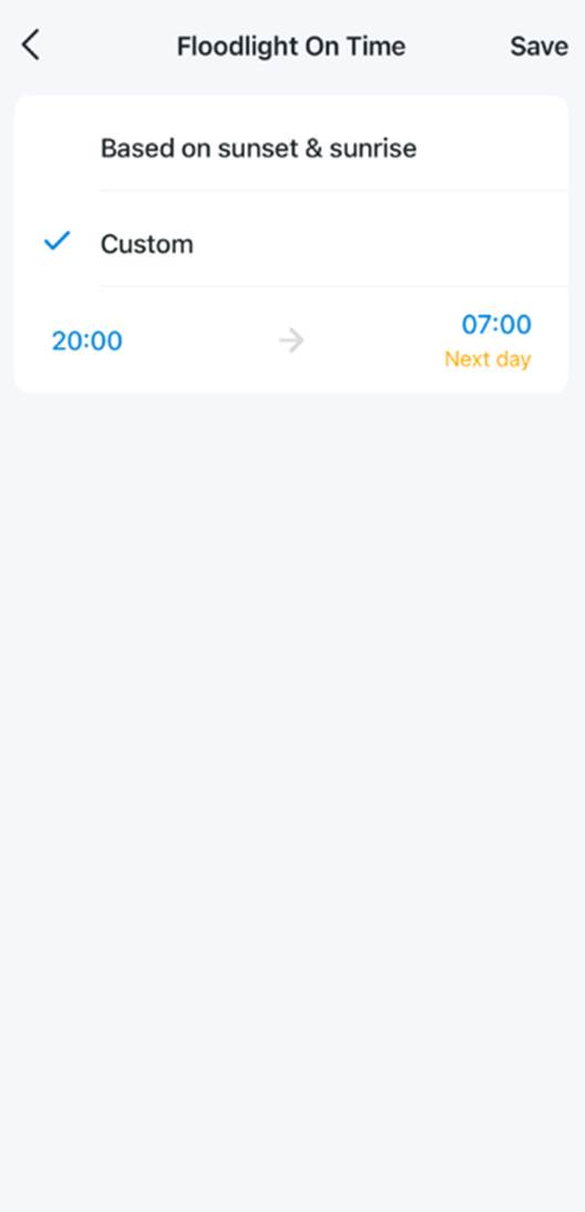 Light On Schedule für das Flutlicht einstellen.