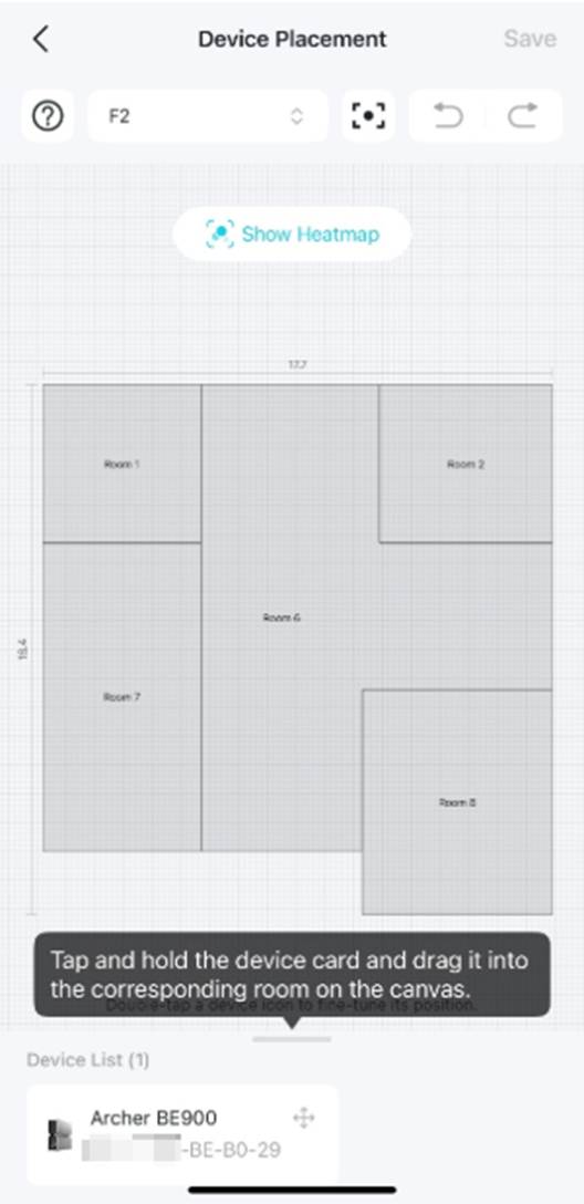 Screenshot der Seite „Device Placement“ mit einem grauen Grundriss auf einem Raster und Anweisungen zum Hinzufügen eines WLAN-Routers.