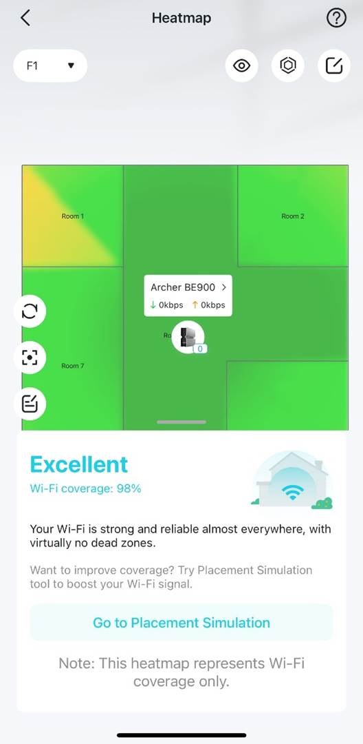 Wi-Fi-Abdeckungs-Heatmap für einen Grundriss mit fünf Räumen. Die Karte zeigt eine „Excellent“-Abdeckung mit „100% Wi-Fi strength and virtually no dead zones“. Auf dem Bildschirm wird empfohlen, die Funktion „Placement Simulation“ zur Signaloptimierung zu verwenden.