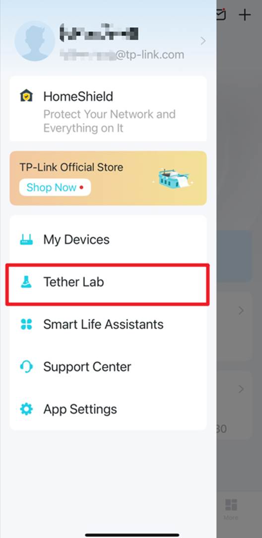 Position von Tether Lab im Seitenmenü der Tether-App.