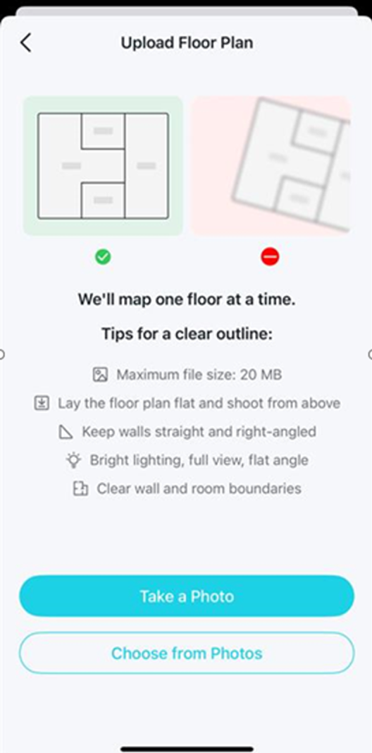 Seite mit Tipps und Anforderungen zum Hochladen eines klar erkennbaren Grundrisses. Unter den Hinweisen befinden sich die Schaltflächen „Take a Photo“ und „Choose from Photos“.