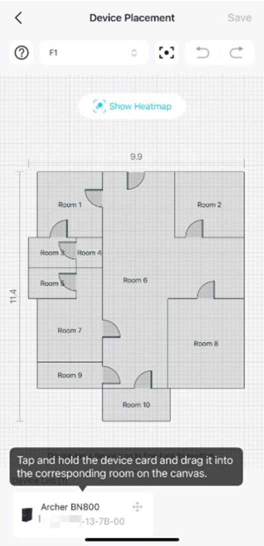 Auf der Seite Device Placement wird ein Grundriss mit einer Device List darunter und der Schaltfläche Show Heatmap im oberen mittleren Bereich angezeigt.