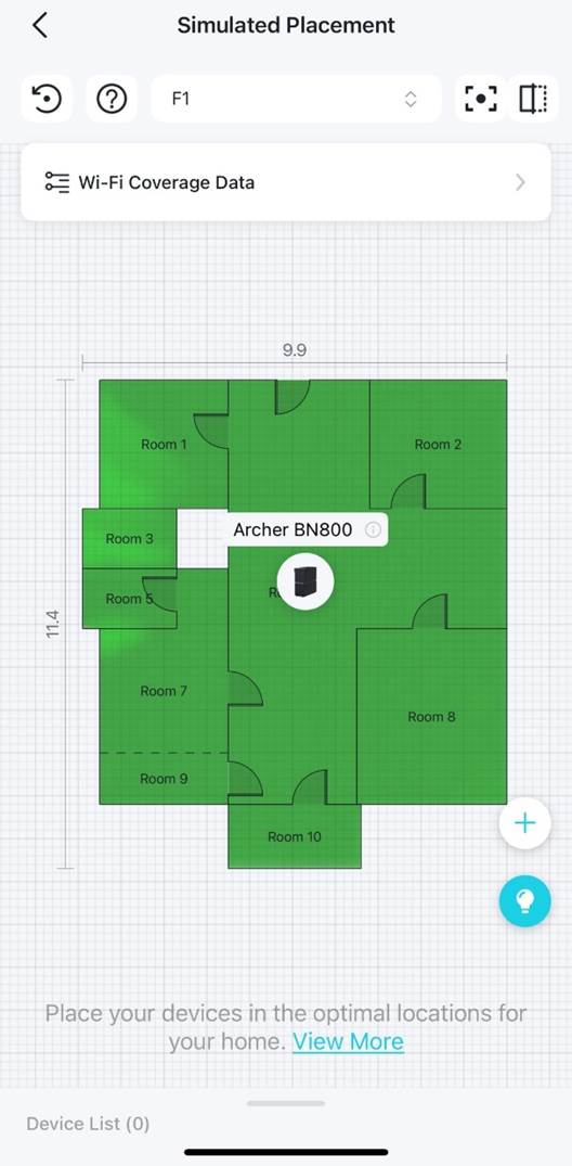 Auf der Seite Simulated Placement wird ein Grundriss mit einem Gerätesymbol im Bereich Room 6 angezeigt.