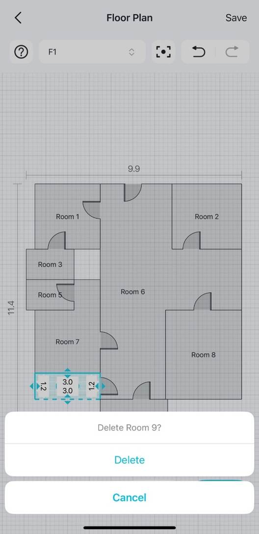 Seite zur Grundrissbearbeitung mit ausgewähltem Raum und dem Pop-up-Fenster „Delete Room 9?“.