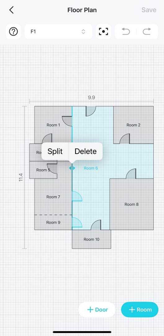 Seite zur Grundrissbearbeitung mit ausgewähltem Raum und einem Pop-up-Menü mit den Optionen „Split“ und „Delete“.