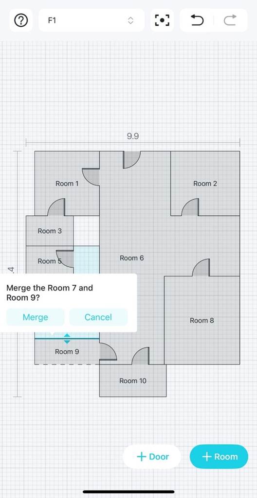Seite zur Grundrissbearbeitung mit einem Bestätigungsdialog „Merge the Room 7 and Room 9?“.