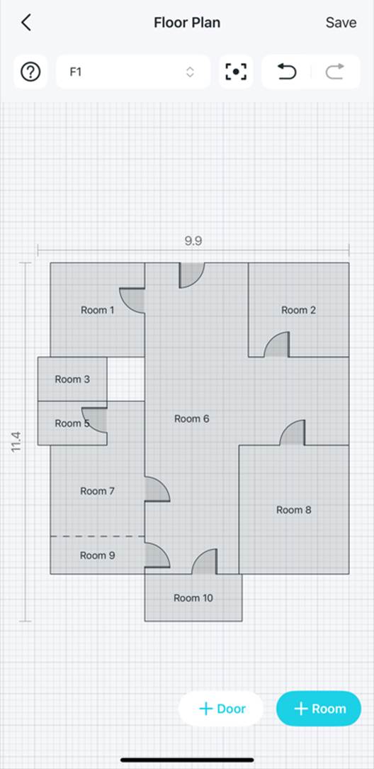 Seite zur Grundrissbearbeitung, auf der Room 7 und Room 9 bereits zusammengeführt wurden.