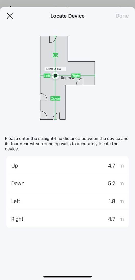 Die Seite Locate Device zeigt einen Grundriss mit einem Gerätesymbol und grünen Linien, die die Abstände zu den umliegenden Wänden darstellen. Darunter zeigen Eingabefelder die gemessenen Entfernungen.