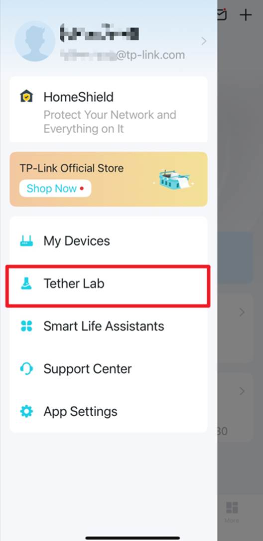 Position von Tether Lab im Seitenmenü der Tether-App.