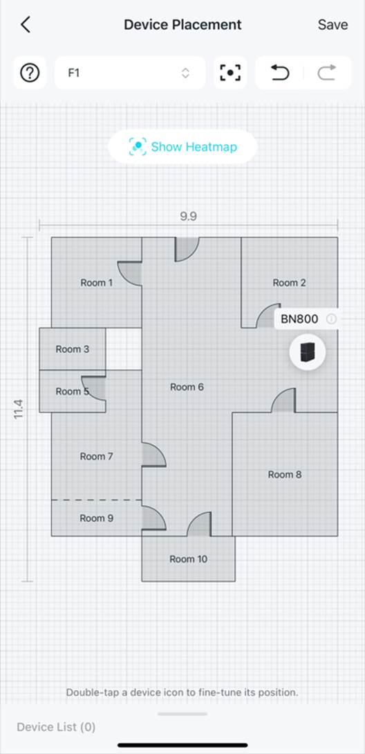 Die Seite Device Placement zeigt in der Mitte ein Symbol für den Gerätestandort; oben in der Mitte ist die Schaltfläche „Show Heatmap“ sichtbar.