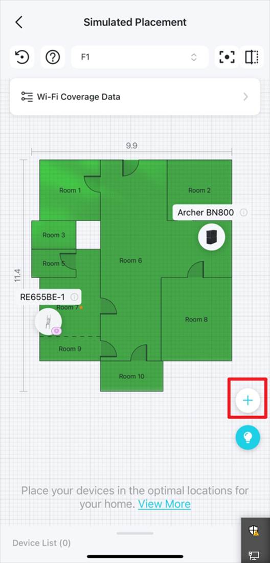 Position des Add-Symbols auf der Seite Simulated Placement und ein zur Heatmap hinzugefügtes virtuelles Gerät.