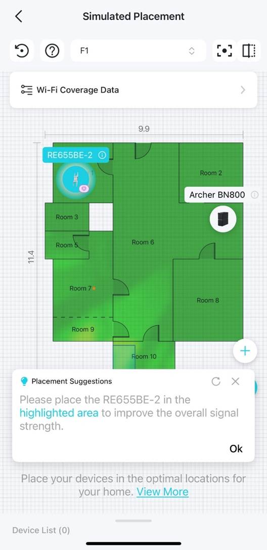 Grundriss mit einem Pop-up-Fenster, das Hinweise zur Platzierung des Geräts enthält.