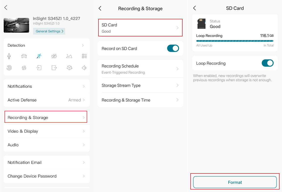 VIGI App Recording & Storage and SD card pages showing loop recording and SD card formatting