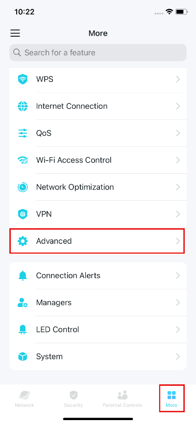 Locate the More and Advanced option on the page.