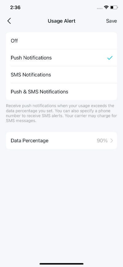 Display the Usage Alert settings.