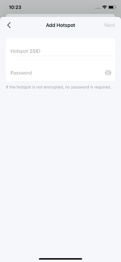 Display a blank space for entering the Hotspot network name and password.