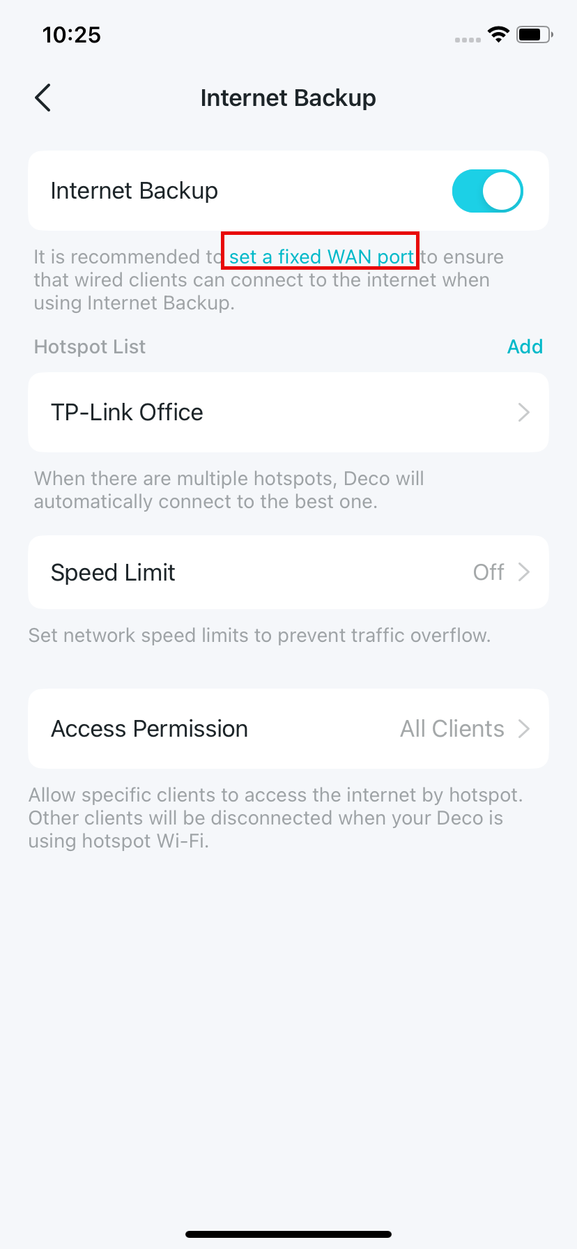Display the Internet Backup settings. Locate where to set a fixed WAN port.