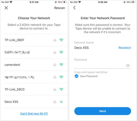 Tapo-App-Bildschirm „Netzwerk auswählen“ mit verfügbaren 2,4-GHz-Netzwerken neben dem Bildschirm zur Eingabe des Netzwerkpassworts.