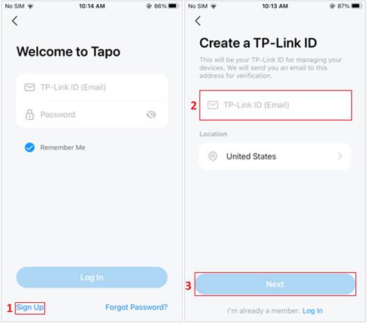 Anmeldebildschirm der Tapo-App mit Feldern für TP-Link ID und Passwort; die Option „Registrieren“ ist hervorgehoben.