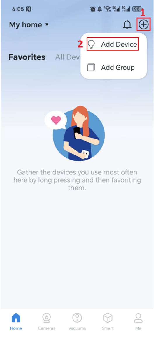 Startseite der Tapo-App mit hervorgehobenem Plus-Symbol.