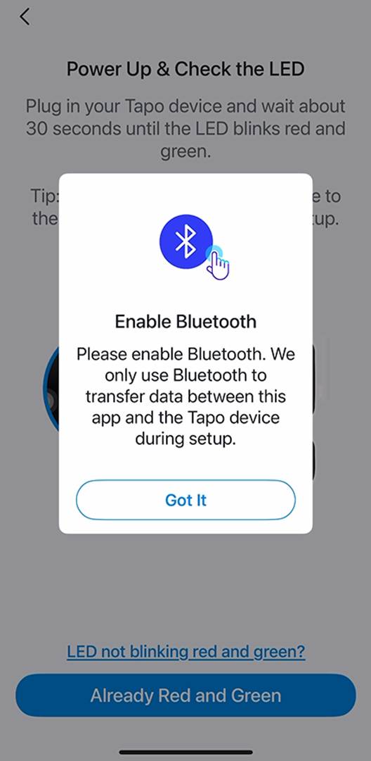 Einrichtungsbildschirm der Tapo-App mit Anweisungen zum Einschalten und Prüfen der LED sowie einer Aufforderung zur Bluetooth-Kopplung.