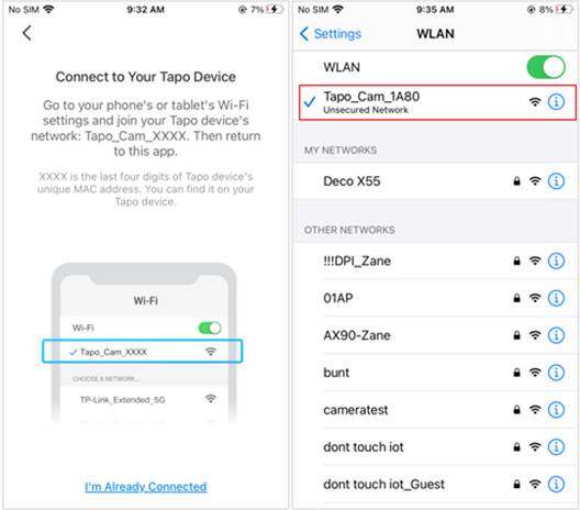 iPhone-WLAN-Einstellungen mit ausgewähltem Netzwerk Tapo_Cam_XXXX neben dem Tapo-App-Bildschirm „Mit Ihrem Tapo-Gerät verbinden“.