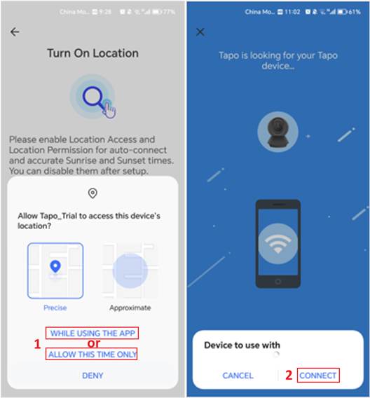 Android-Bildschirm zum Aktivieren des Standorts neben der Tapo-App bei der Suche nach dem Tapo-Gerät; die Schaltfläche „Verbinden“ wird angezeigt.