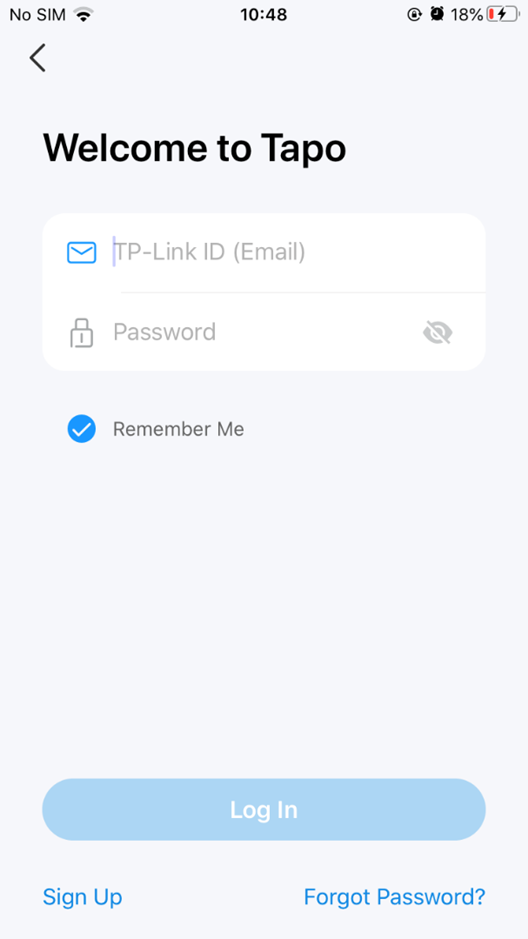 Anmeldeseite für die TP-Link ID in der Tapo-App.