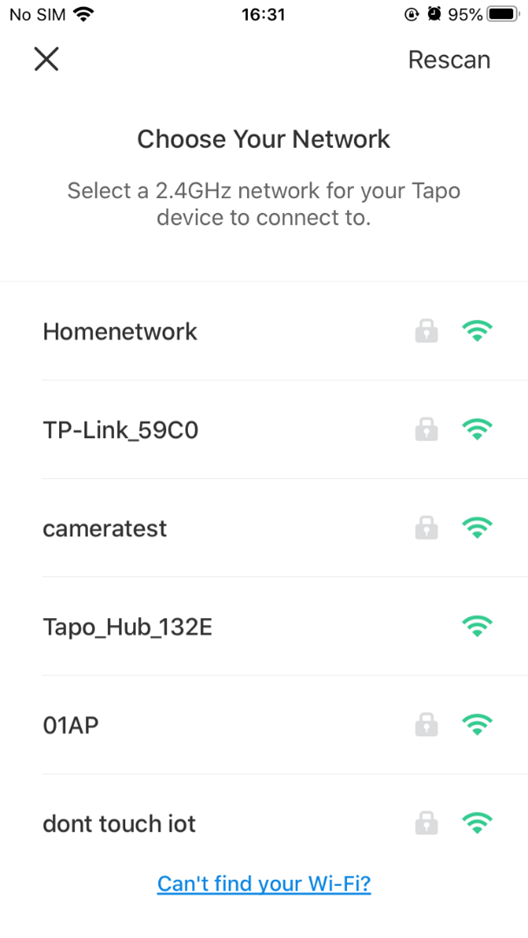 Liste der Heim-WLANs in der Tapo-App.