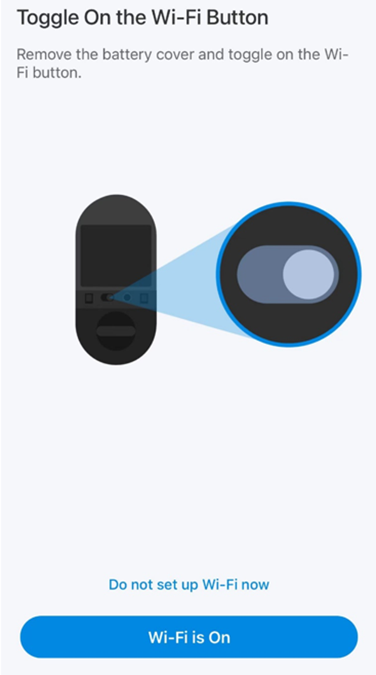 Bei einem Türschloss mit physischer WLAN-Taste wird die Seite für die WLAN-Taste mit den Optionen „WLAN jetzt nicht einrichten“ und „WLAN ist EIN“ angezeigt.