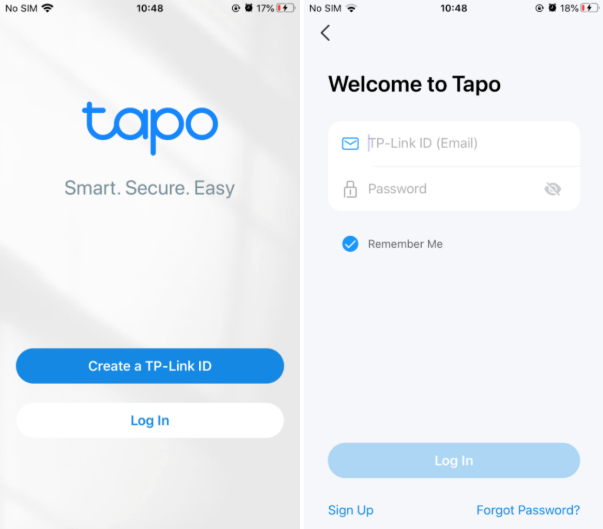 Anmeldeseite für die TP-Link ID in der Tapo-App.
