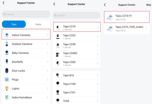 ALT-Text: Schritte zum Auswählen des Geräts im Support-Center.