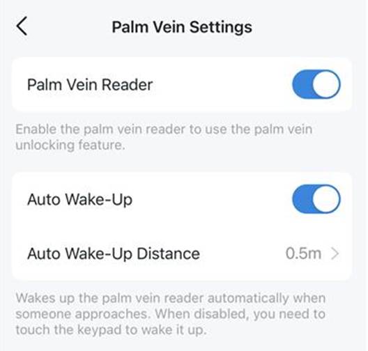 ALT-Text: Screenshot der Seite „Handveneneinstellungen“: Handvenenleser und Auto Wake-Up sind aktiviert, der Auto-Wake-Up-Abstand ist auf 0,5 m eingestellt.