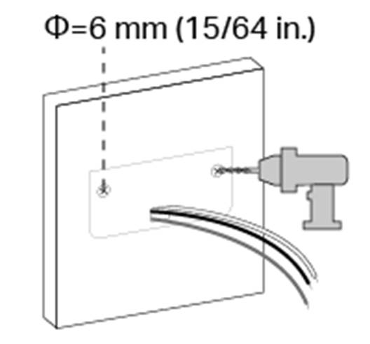 ALT-Text: Position der rechteckigen Öffnung zum Durchführen der Leitungen sowie Markierungen für Bohrungen mit 6 mm (15/64 Zoll) Durchmesser.