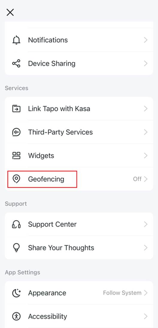 ALT-Text: Tippen Sie auf der Seite „Ich“ der Tapo-App auf „Geofencing“.
