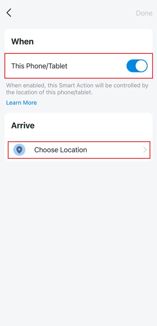 ALT-Text: Bereich „Wenn“ in der Tapo-App mit dem Schalter „Dieses Smartphone/Tablet“ sowie der Option „Ankommen“ zum Auswählen eines Standorts.