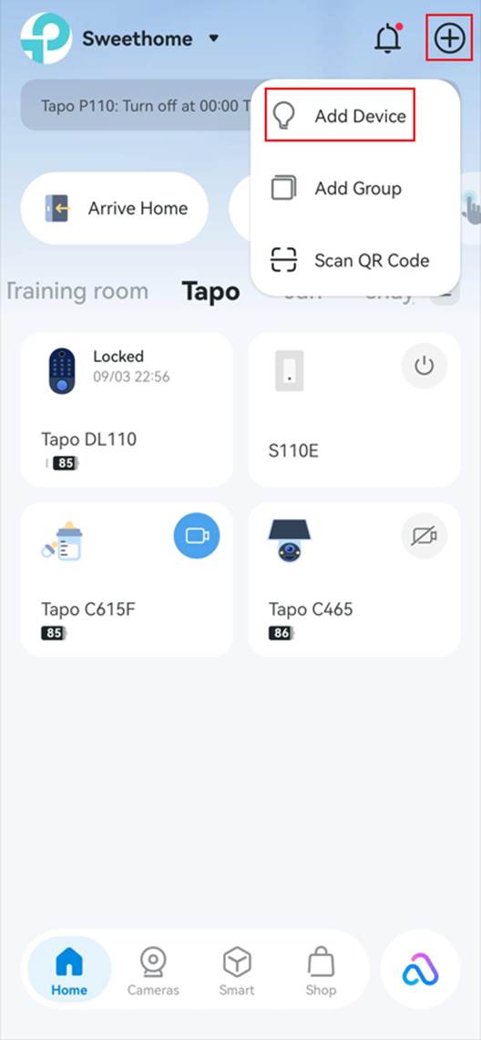 ALT-Text: Tippen Sie auf der Startseite der Tapo-App oben rechts auf das Plus-Symbol und wählen Sie anschließend „Gerät hinzufügen“.