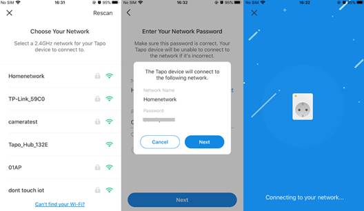 ALT-Text: Liste der Heim-WLANs und Seite zur Eingabe des WLAN-Passworts in der Tapo-App.