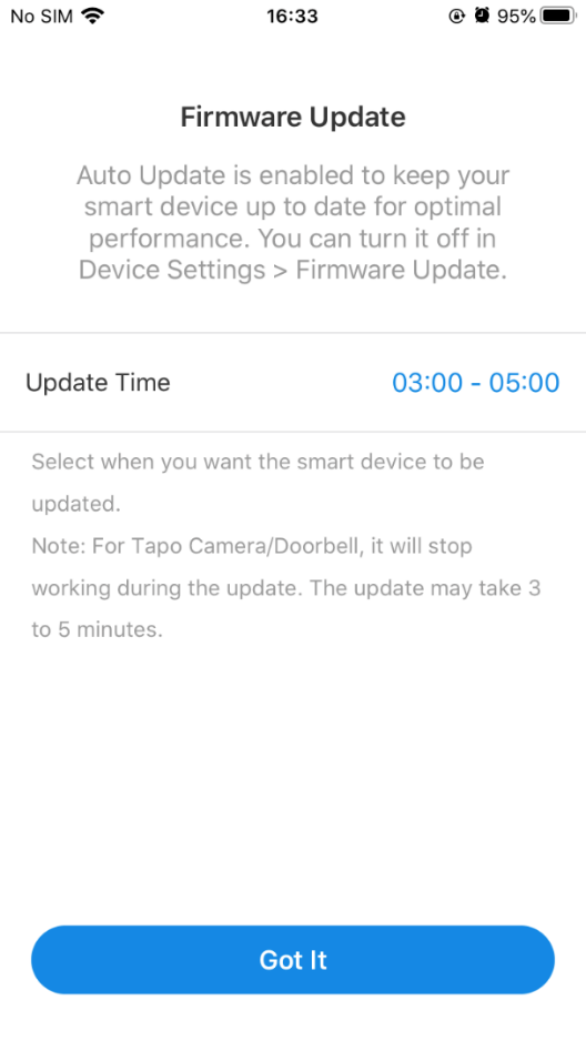 ALT-Text: Eine Seite in der Tapo-App, auf der Sie die Zeit für automatische Updates Ihres Geräts auswählen können.