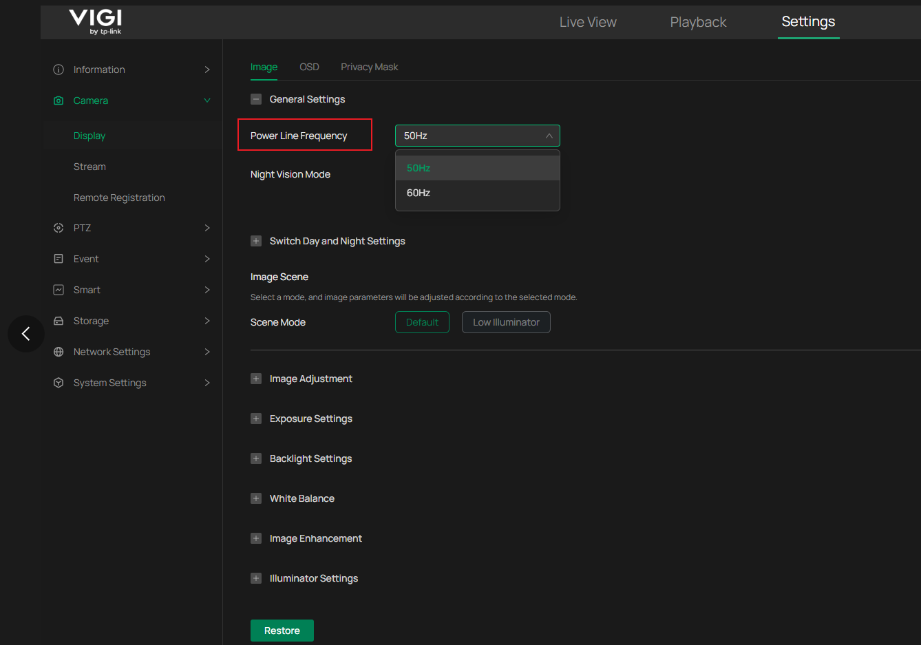 VIGI Camera Settings page showing Power Line Frequency option
