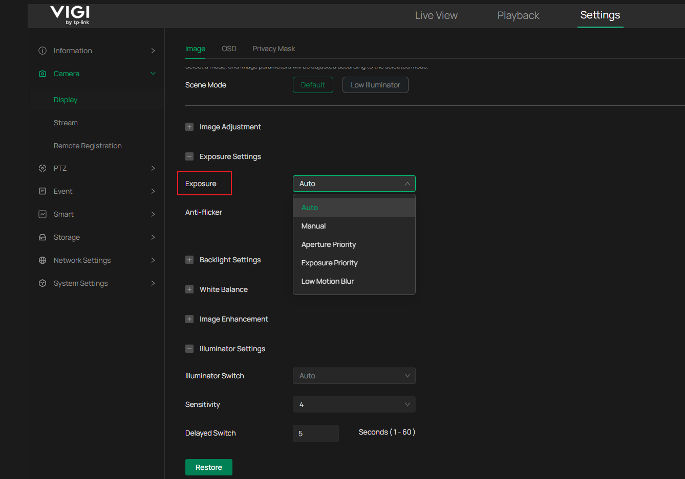 VIGI Camera Settings page showing Exposure Settings