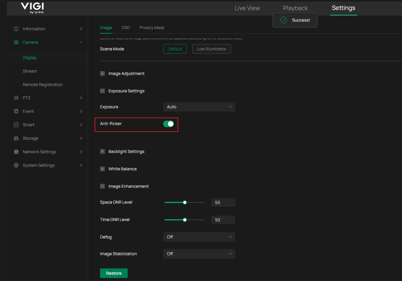 VIGI Camera Settings page showing Anti-flicker option
