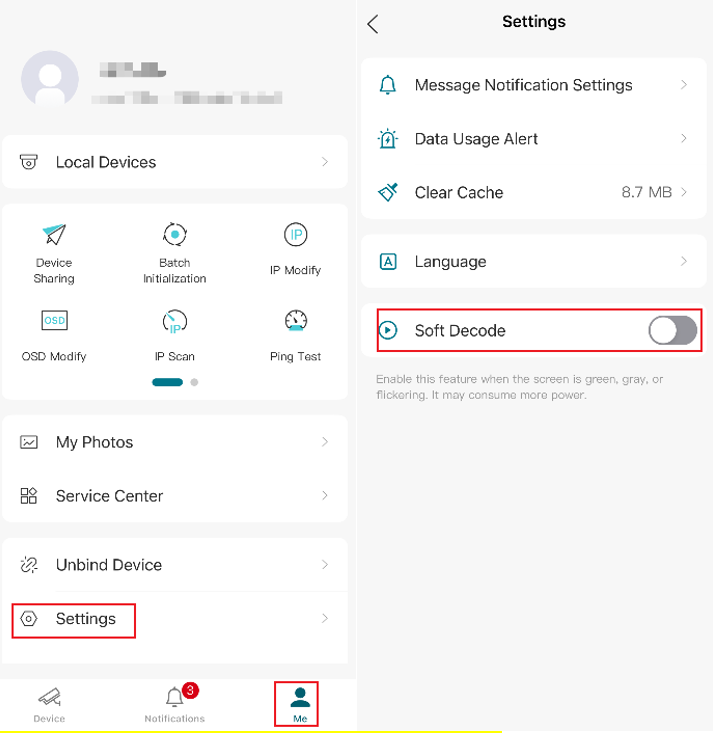 VIGI App Settings page showing the Soft Decode option