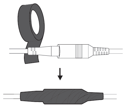 Showing insulation tape wrapped around a DC adapter connection for waterproof protection