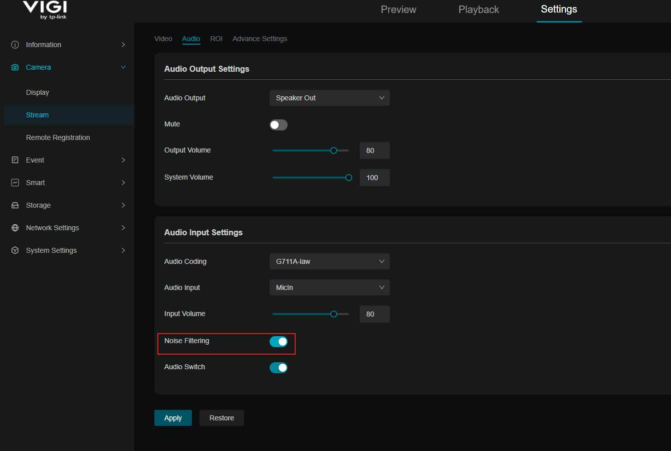 VIGI camera Audio Input Settings page showing the Noise Filtering option